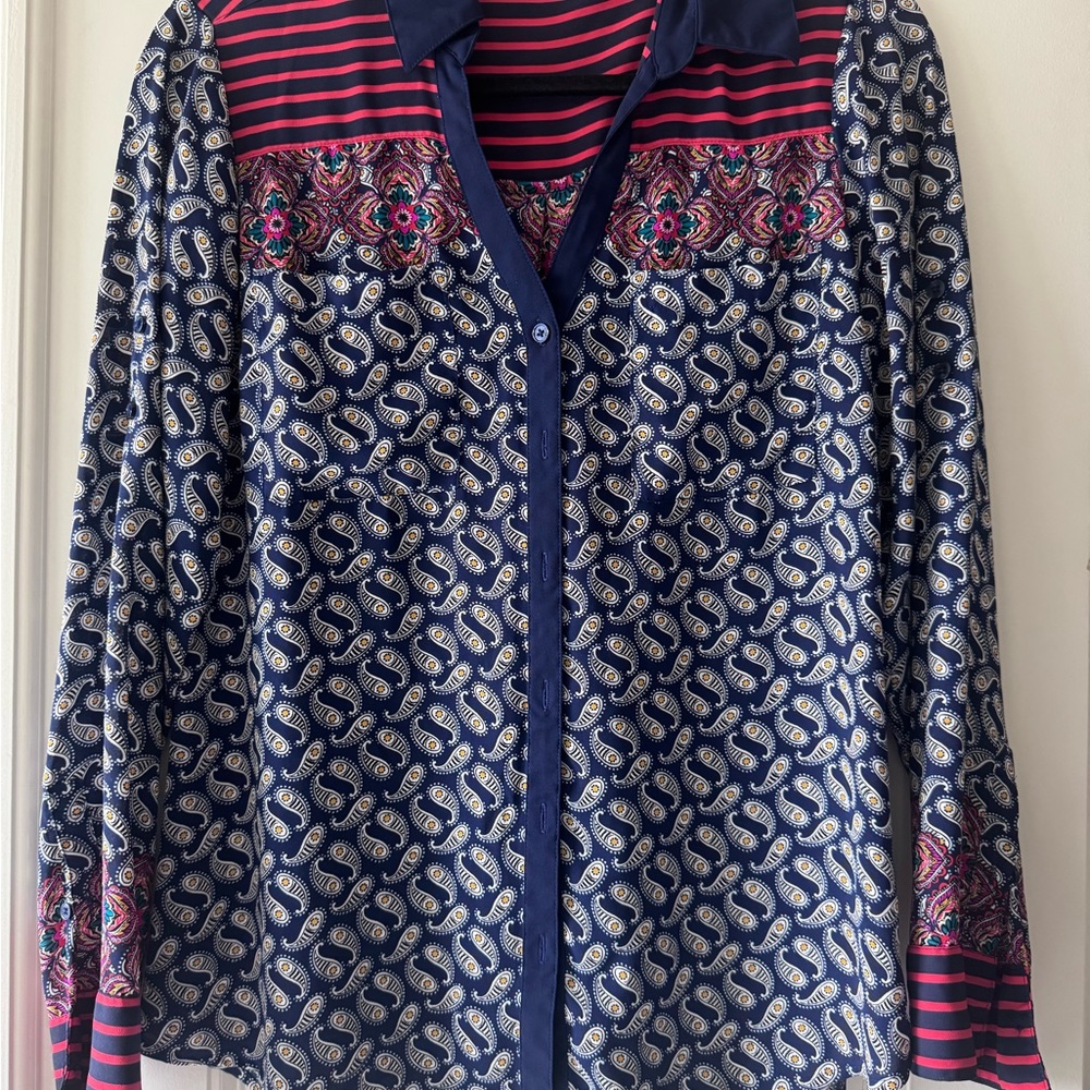 Express Navy and Red Striped Paisley Shirt